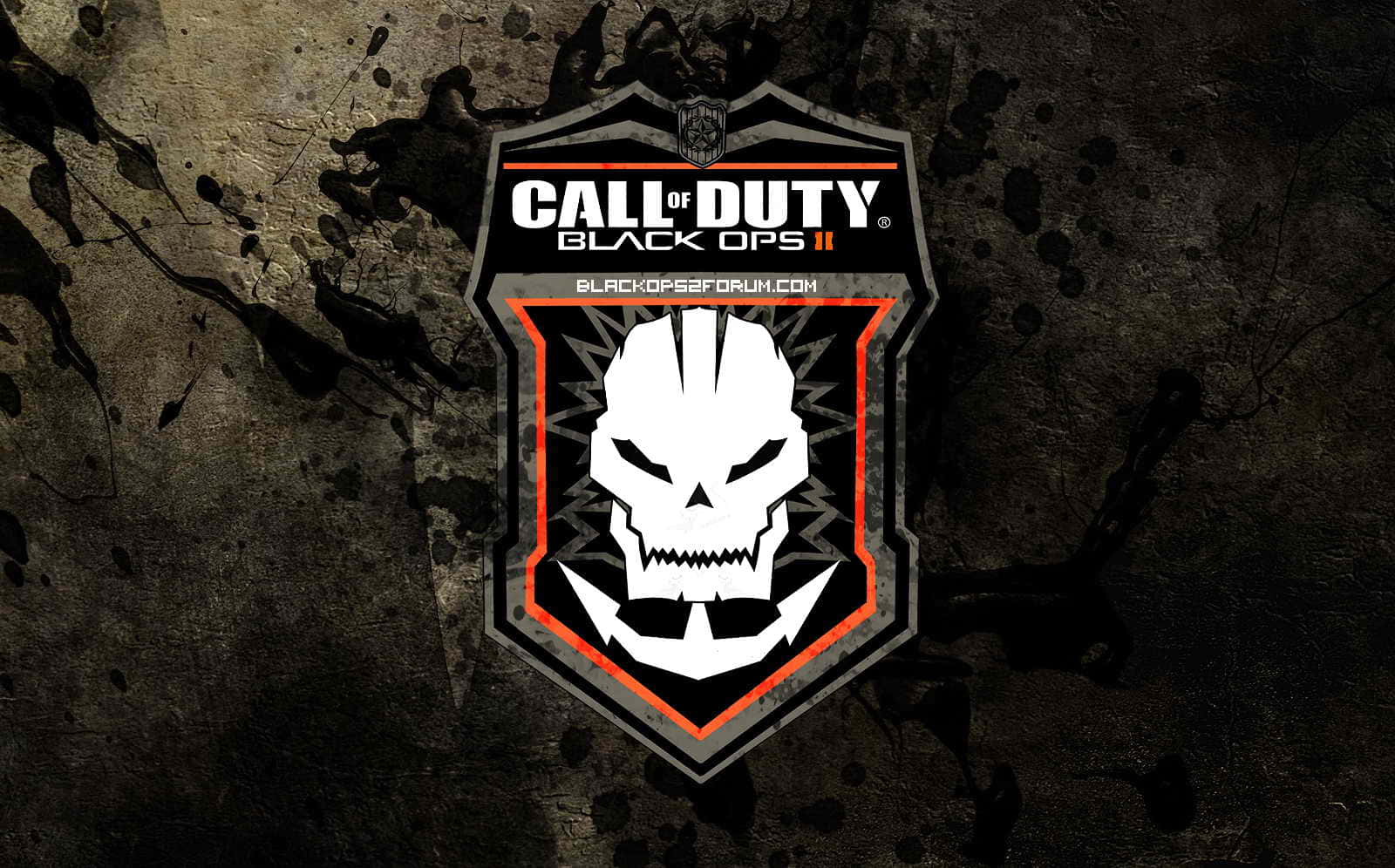 Call Of Duty Black Ops 桌布 壁紙 — 一個粗糙的黑色和橙色Call of Duty Black Ops II標誌，中央有一個骷髏標誌，位於飛濺的深色背景上。