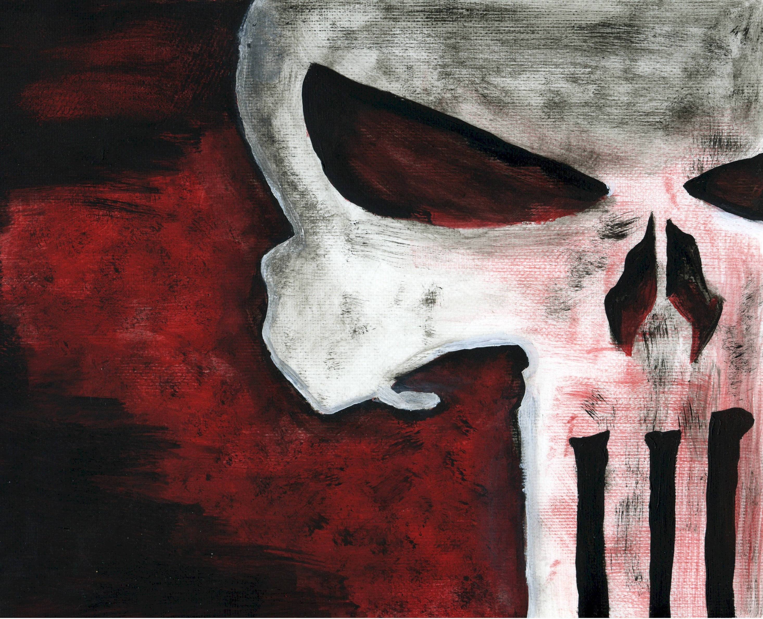 Punisher Logo 桌布 壁紙 — 一個粗糙繪製的骷髏頭，帶有紅色和黑色點綴，在紋理深紅色背景上強烈凝視。