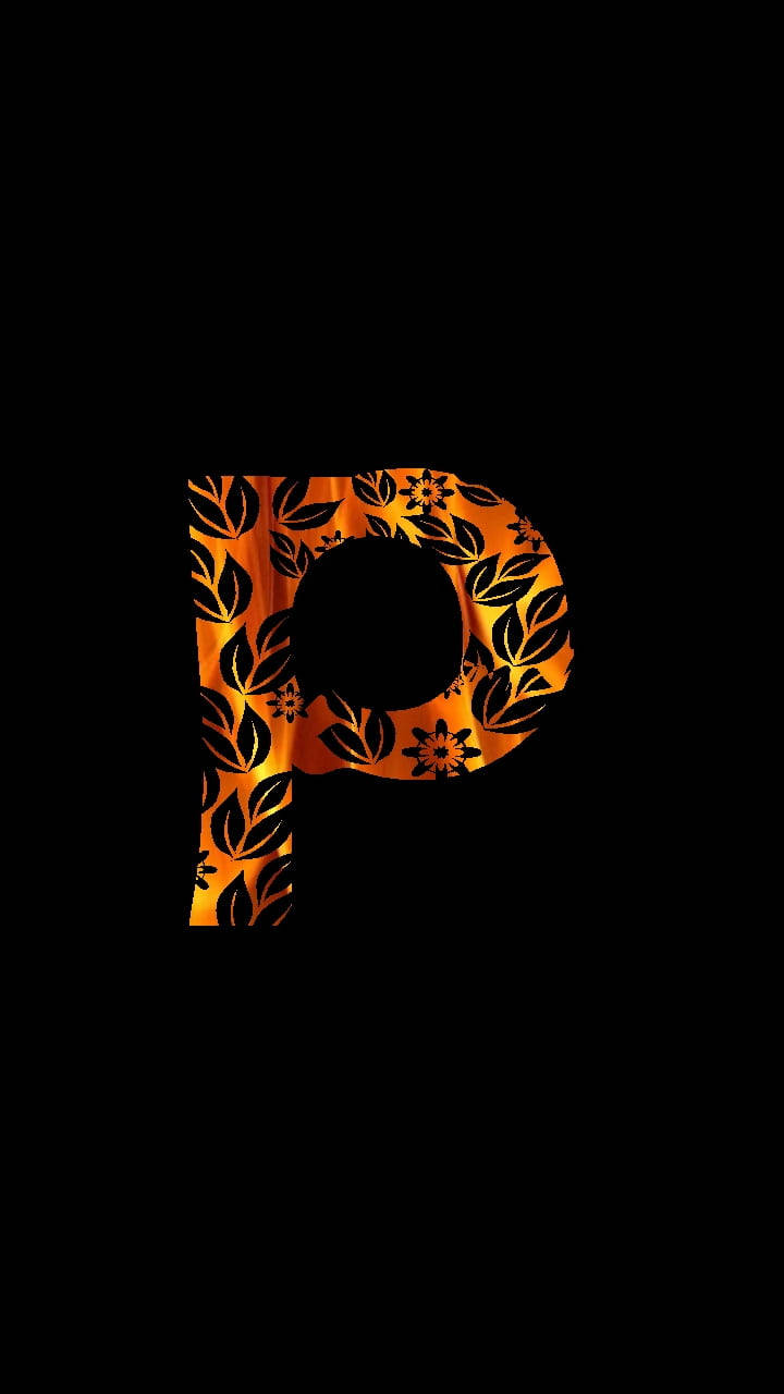 字母P 桌布 壁紙 — 一個粗體字母 P，充滿發光的橙色葉子和花朵，襯托在純黑色背景上。