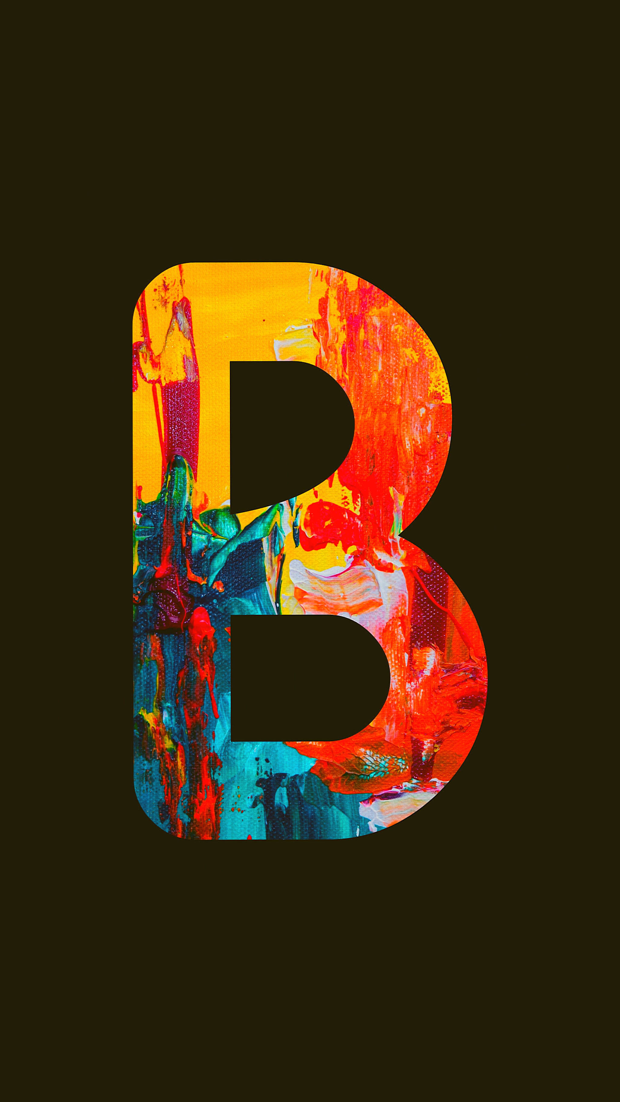 字母B 桌布 壁紙 — 一個粗體字母B，在深色背景上充滿鮮豔的抽象顏料筆觸。