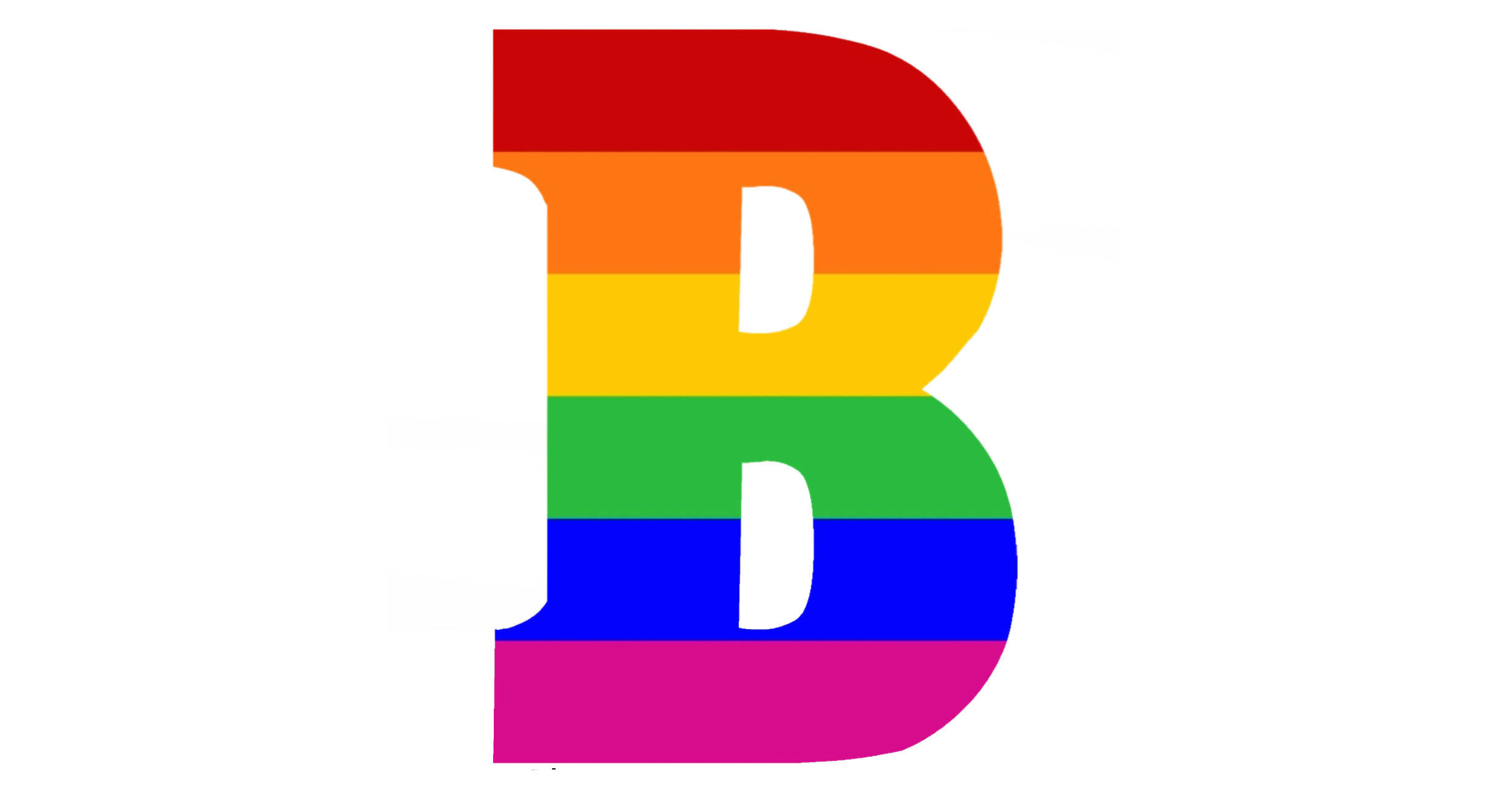 字母B 桌布 壁紙 — 一個粗體字母B，填充了橫向彩虹條紋，背景為純白色。