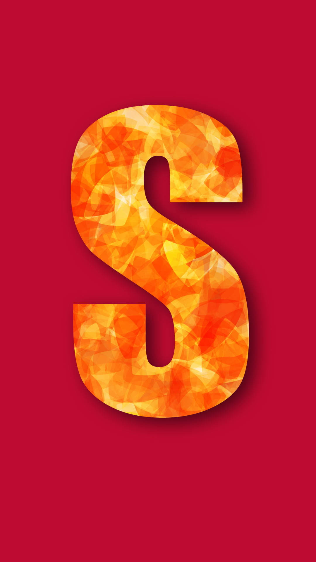 S 桌布 壁紙 — 一個粗體字母S，以火熱的橙色馬賽克在深紅色背景上發光。