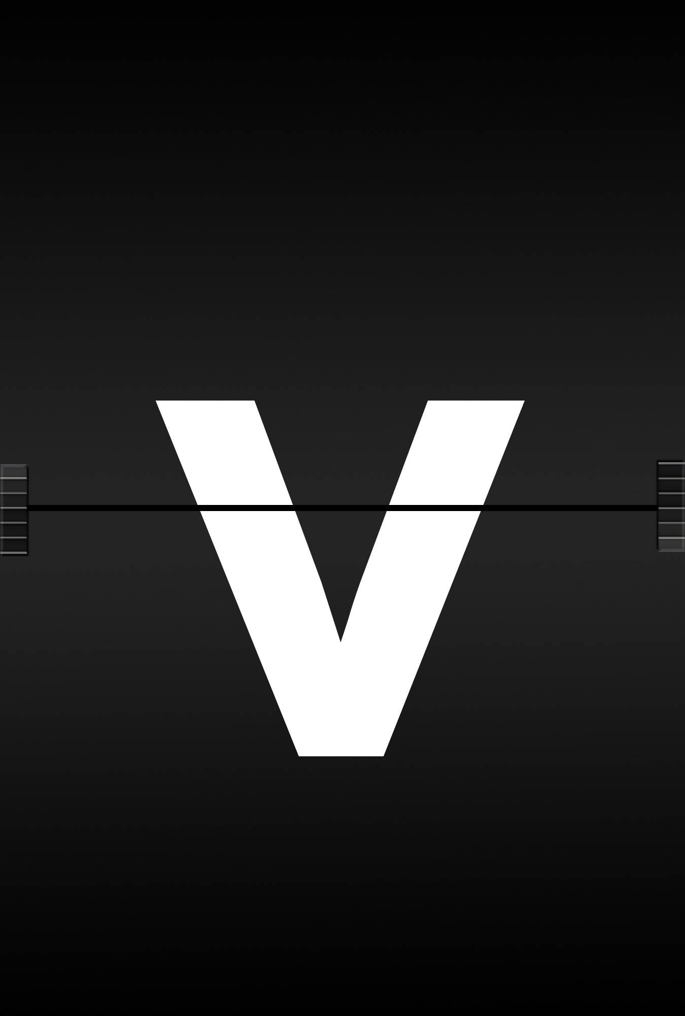 v 桌布 壁紙 — 一個粗體白色字母 V 居中於深色漸變背景上，帶有水平條紋和網格裝飾。