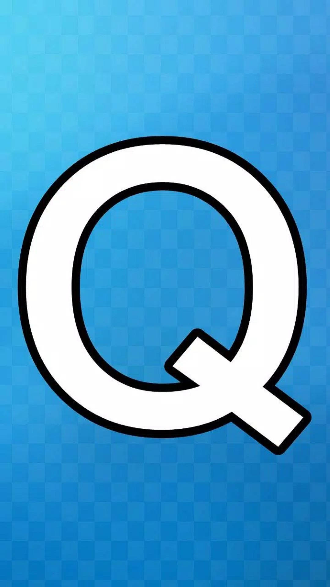 q 桌布 壁紙 — 一個粗體白色字母Q，帶黑色輪廓，居中在藍色格子背景上。