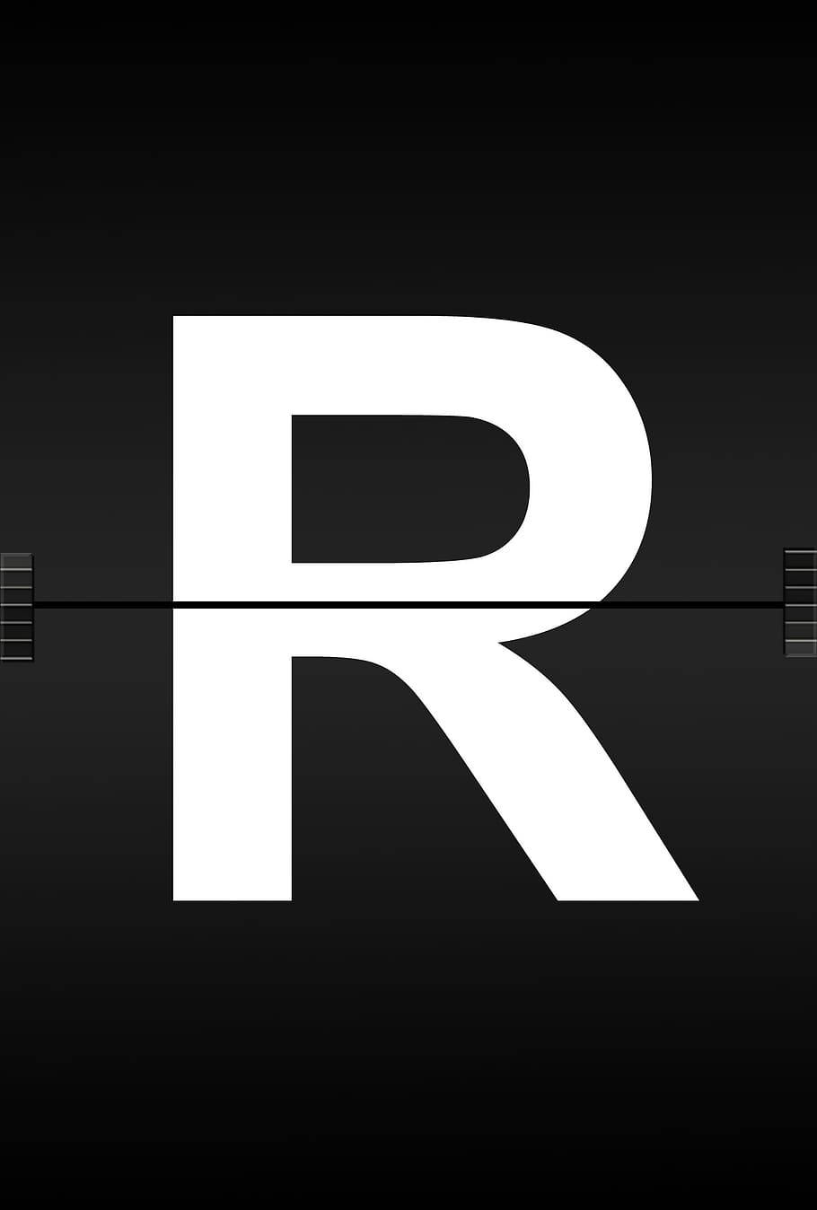 R 桌布 壁紙 — 一個粗體白色字母R，居中於帶有水平尺標記的深色漸變背景上。