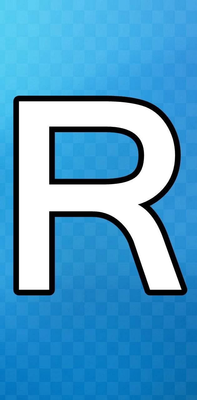 R 桌布 壁紙 — 一個粗體白色字母R，帶黑色輪廓，居中在藍色格子背景上。