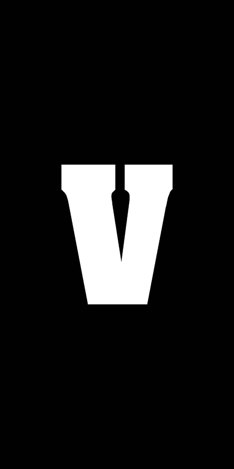 Name 桌布 壁紙 — 一個粗體白色字母V居中於純黑色背景上，營造出強烈的極簡對比。