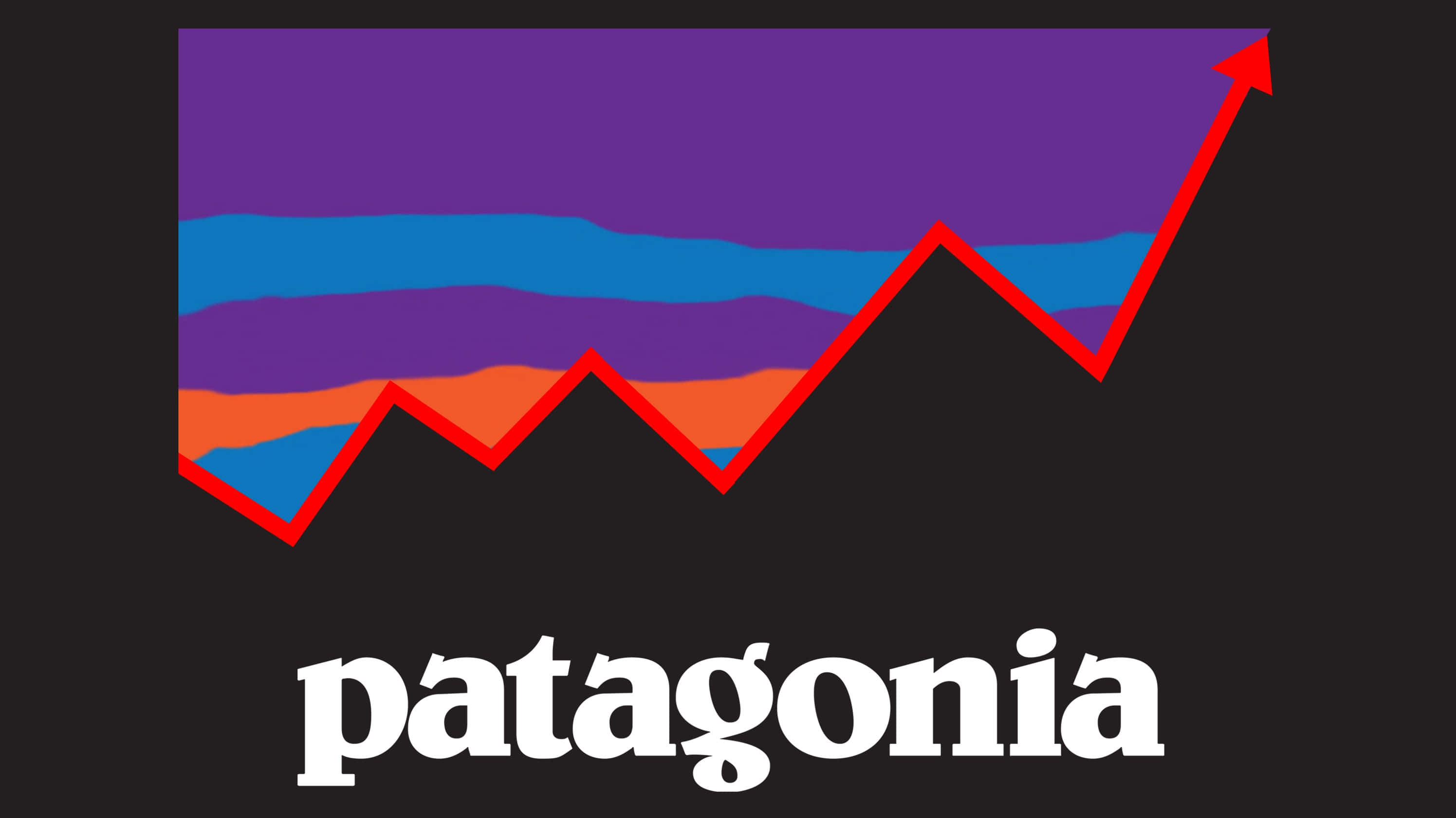 Patagonia 桌布 壁紙 — 一個粗體的紅色向上箭頭圖表疊加在分層的紫色、藍色和橙色條帶上，背景為黑色，下方有 Patagonia 字樣。