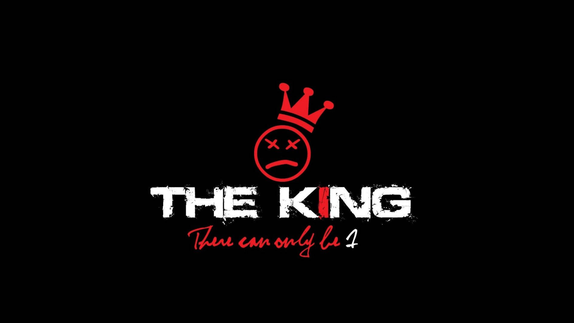 一個紅色皇冠在皺眉的臉上，帶有文字 'THE KING' 和 'There can only be 1' 在下方。 — 國王 GIF 壁紙