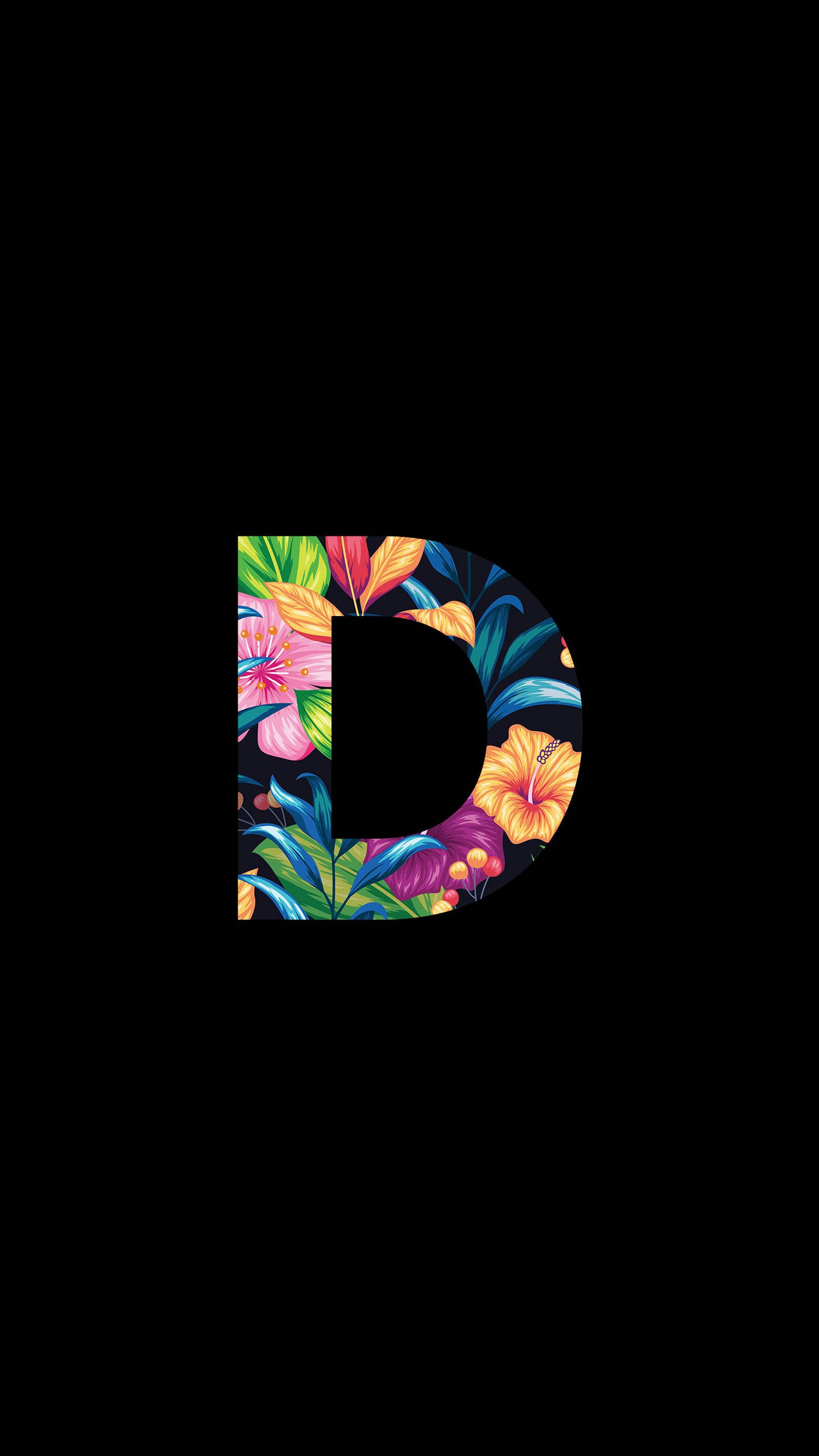 字母D 桌布 壁紙 — 一個粗體黑色字母 D，充滿鮮豔的熱帶花卉和樹葉，背景為純黑色。