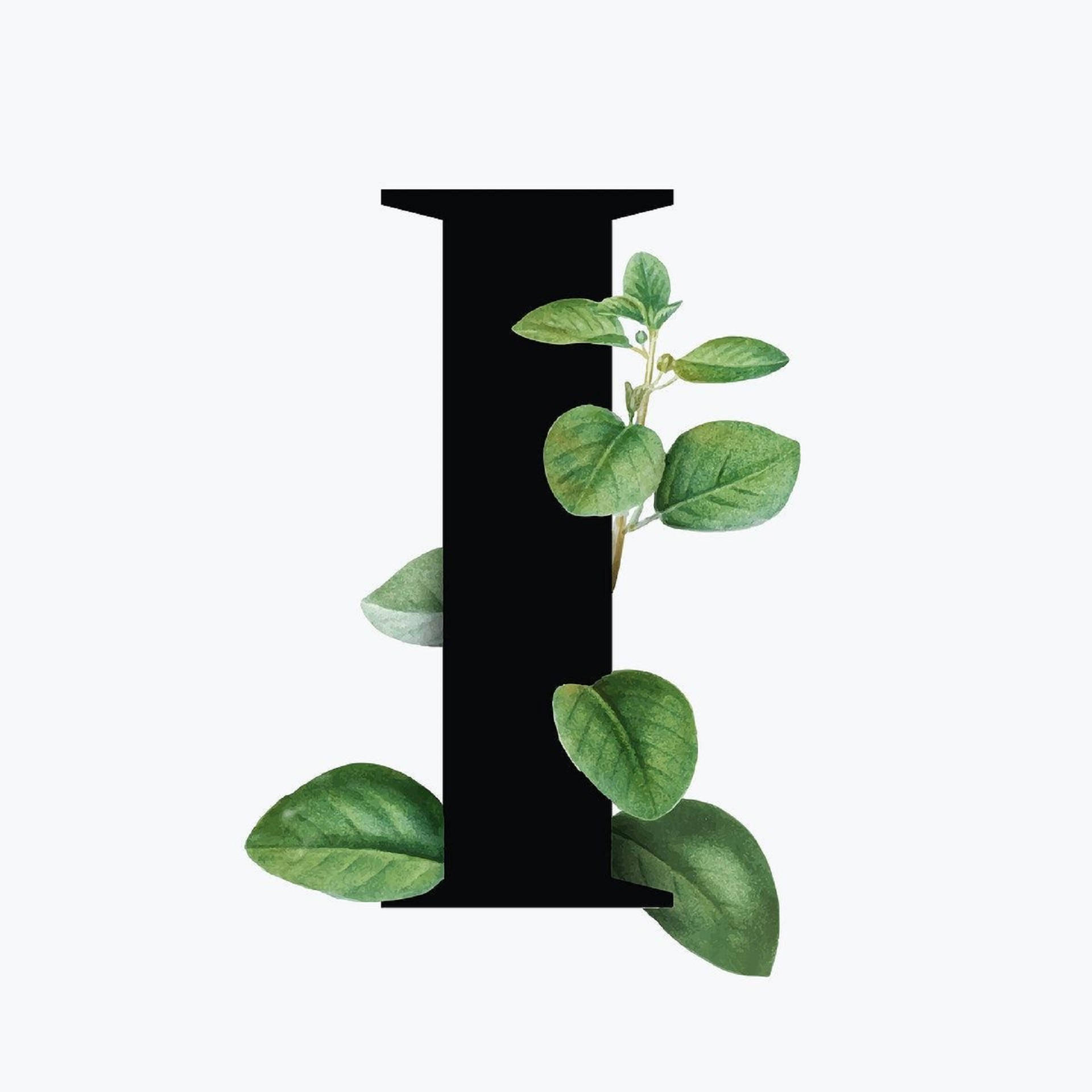 Letter I 桌布 壁紙 — 一個粗體黑色字母 I，中央有充滿活力的綠葉穿過，背景為純白色。