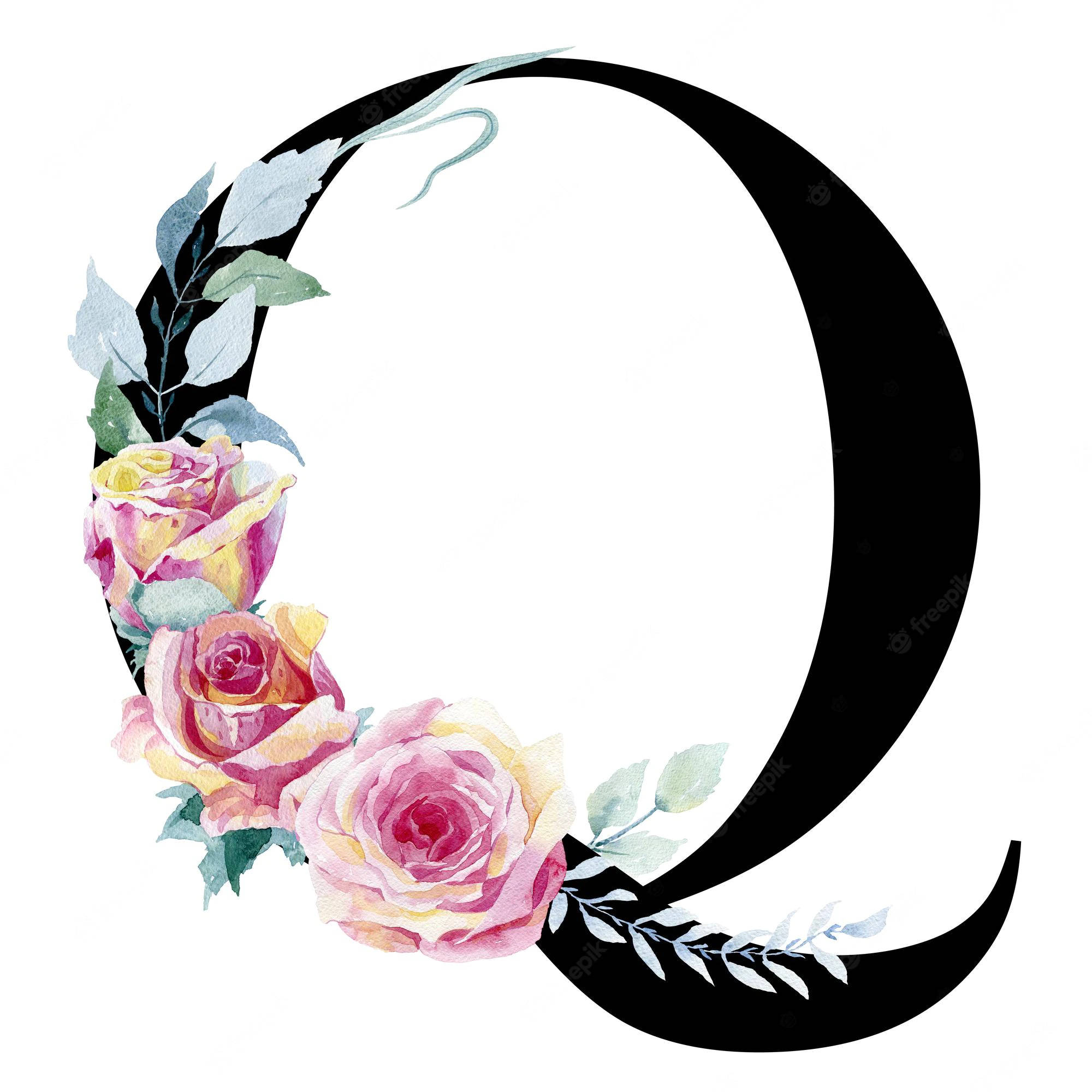 q 桌布 壁紙 — 一個粗體黑色字母 Q，飾有水彩玫瑰和葉子，顏色柔和粉紅、黃色和綠色，背景為白色。