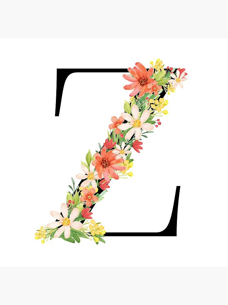 Z 桌布 壁紙 — 一個粗體黑色字母 Z，飾有充滿活力的水彩花卉佈置，包括粉紅色、白色和黃色的花朵，背景為純白色。