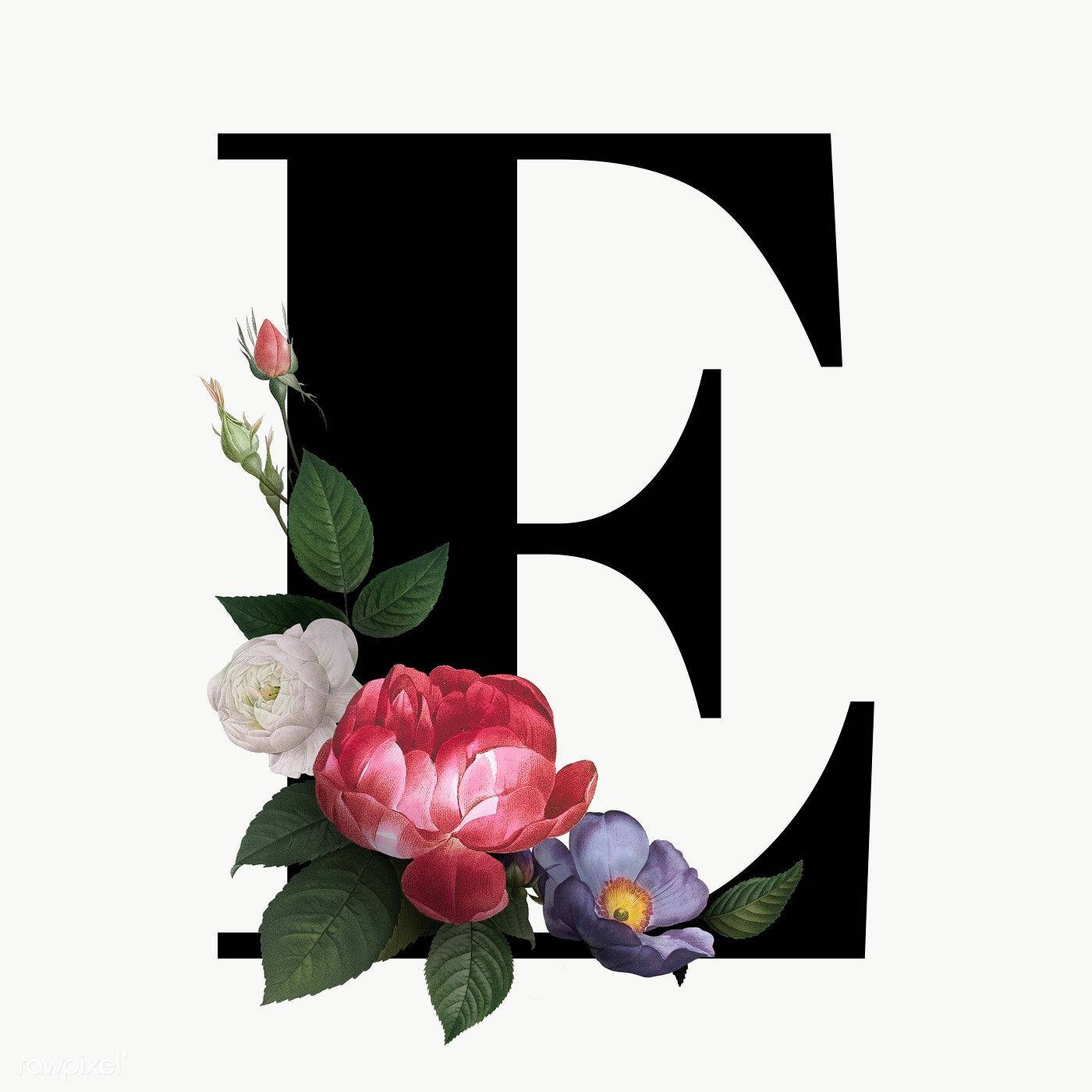 E 桌布 壁紙 — 一個粗體黑色字母E，飾以鮮豔的紅、白、紫色花朵和綠色葉子，背景為柔和的米白色。