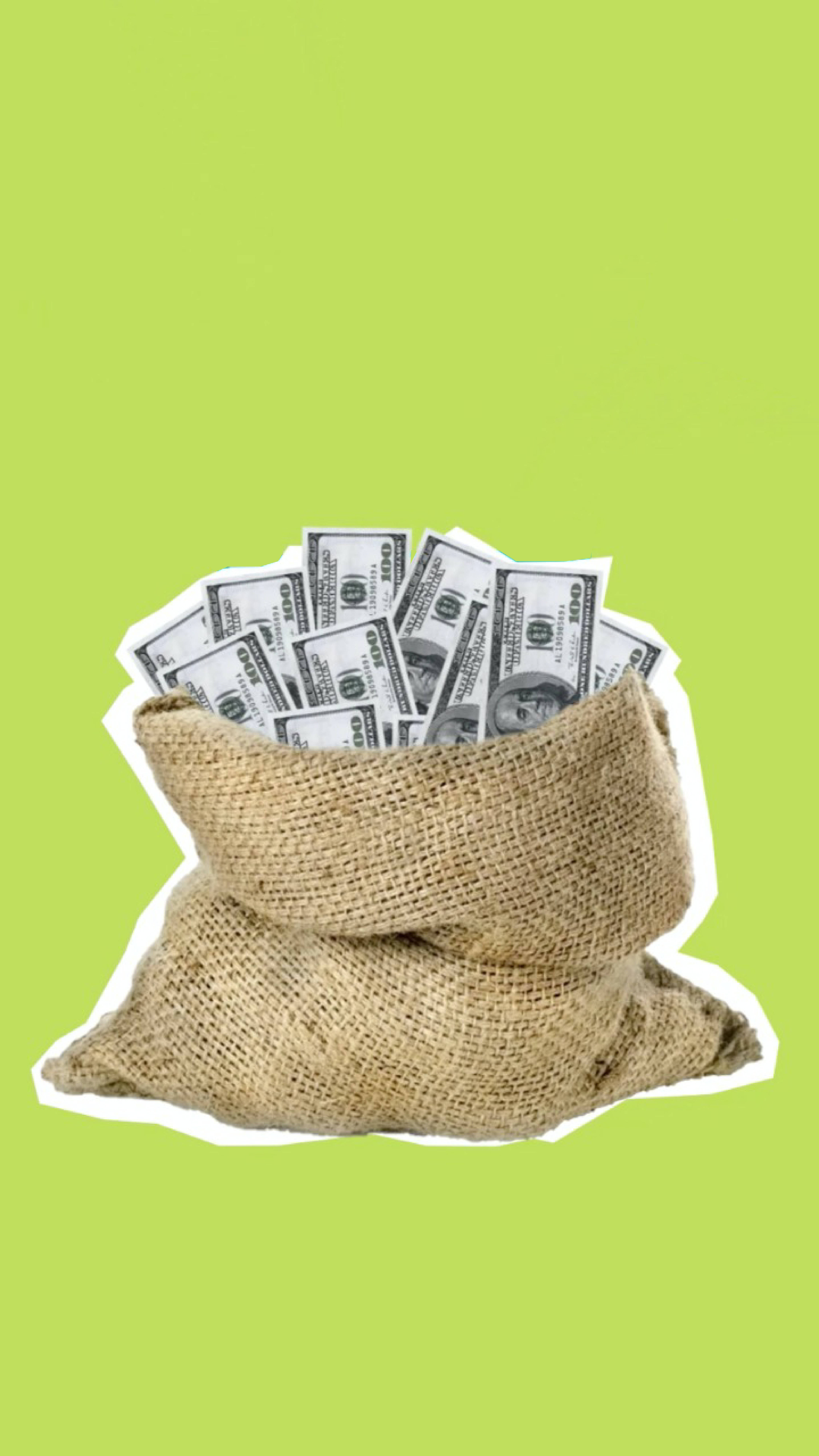 金錢 桌布 壁紙 — 一個粗麻布袋，裝滿了清脆的百元美鈔，背景是明亮的萊姆綠色。