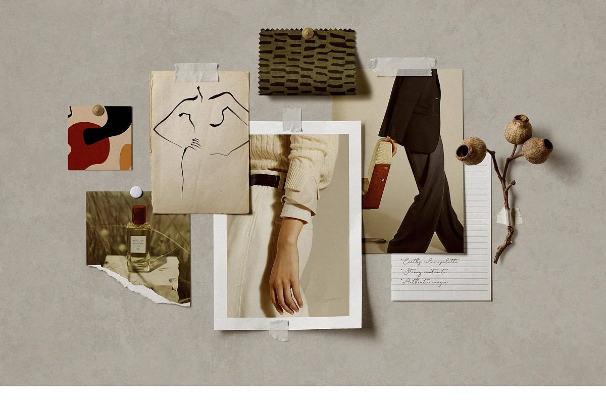 Pinterest Aesthetic 桌布 壁紙 — 一個精心策劃的拼貼，將時尚和藝術照片用膠帶貼在米色牆上，並以乾燥植物作為點綴。