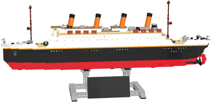 黑色 桌布 壁紙 — 一個精細的LEGO RMS鐵達尼號模型，展示在白色背景的支架上。