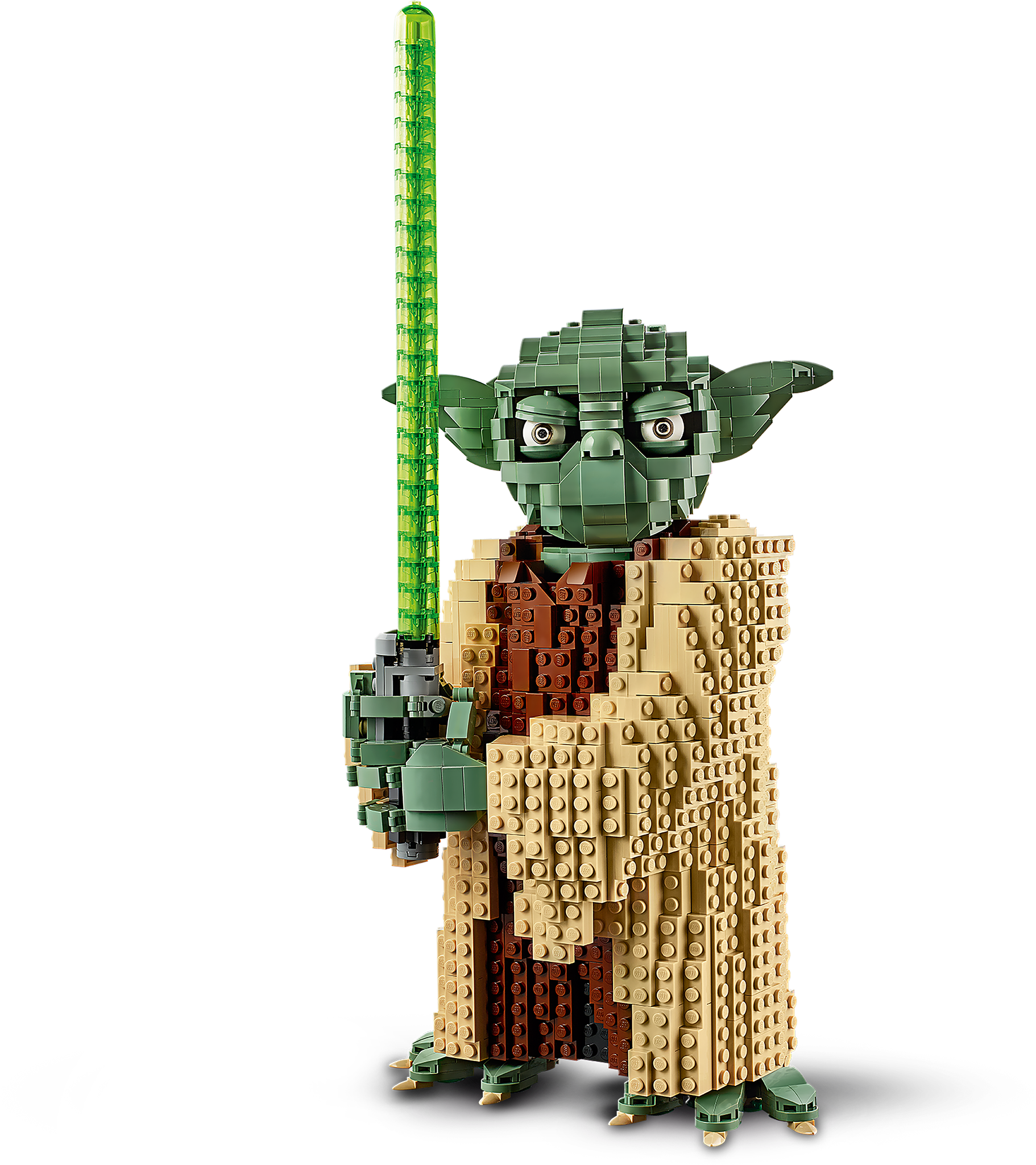 尤達 桌布 壁紙 — 一個精細的LEGO星際大戰尤達人偶站在明亮的窗戶背景下，手持綠色光劍。