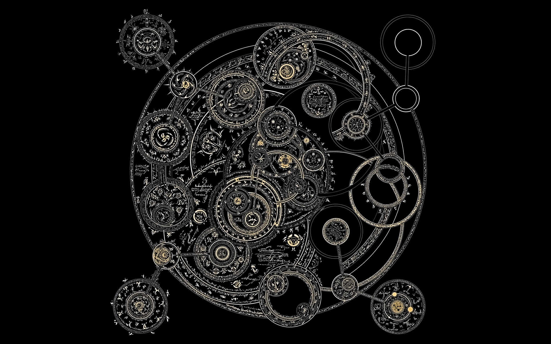 Dark Circles 桌布 壁紙 — 一個精細的金色和黑色天體齒輪系統漂浮在虛空背景上。