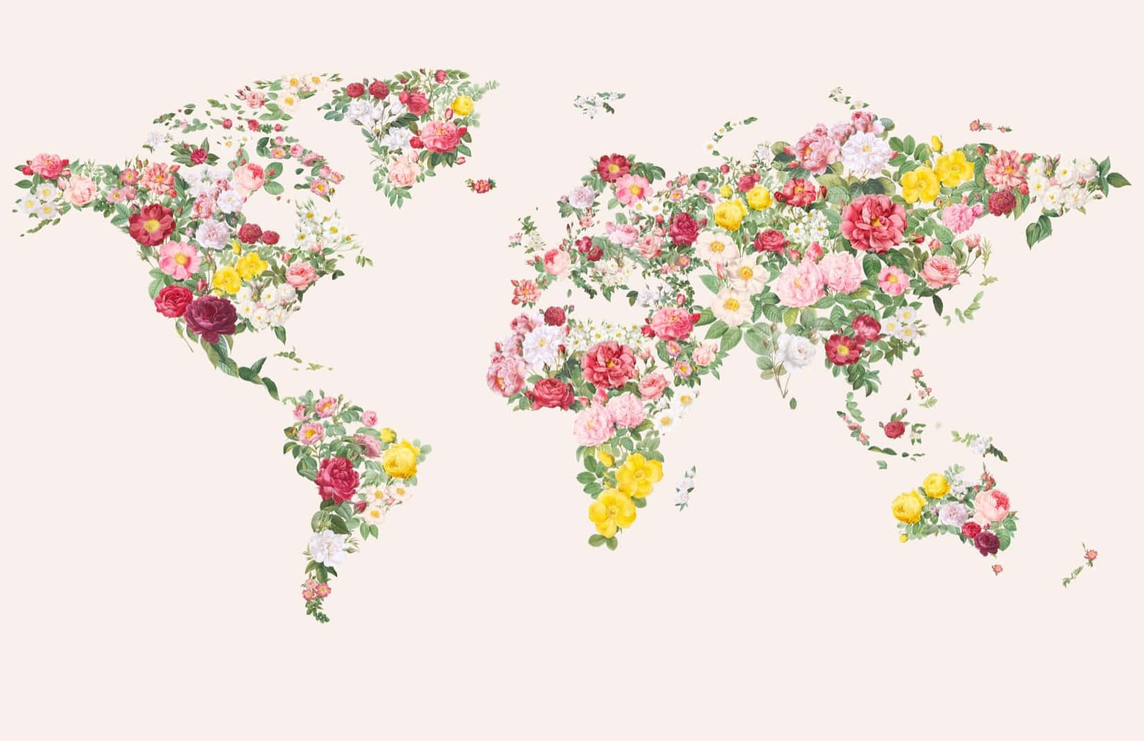 World Map Aesthetic 桌布 壁紙 — 一個精緻的世界地圖，由鮮豔的玫瑰和花朵以柔和粉彩色调製成，背景為淡色。