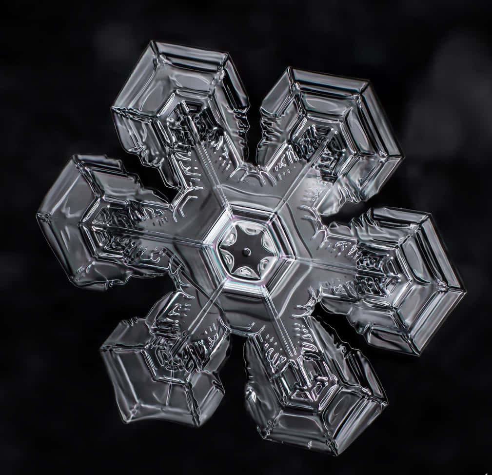 碎形 桌布 壁紙 — 一個精緻的冰晶雪花，具有幾何切面和鋒利邊緣，在黑暗模糊的背景中發光。