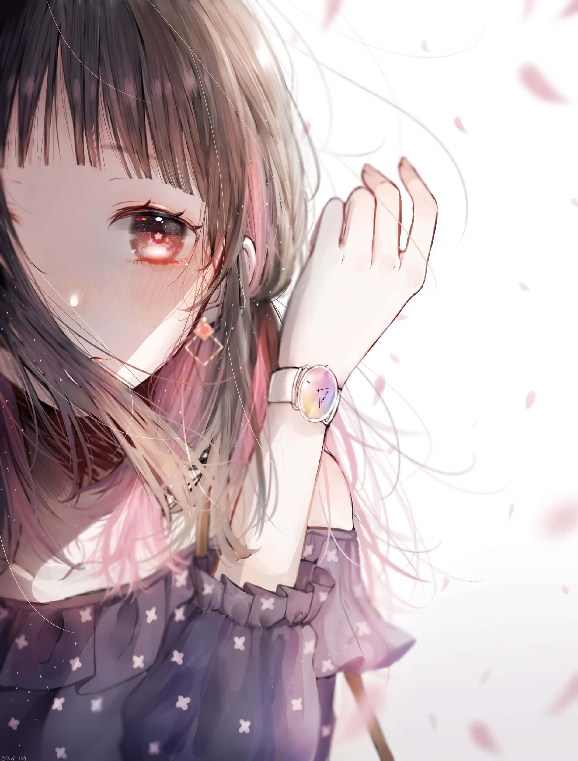 動漫女孩 桌布 壁紙 — 一個精緻的動漫女孩，帶有粉紅色頭髮和淚眼，溫柔地凝視著，櫻花在她周圍飄落。