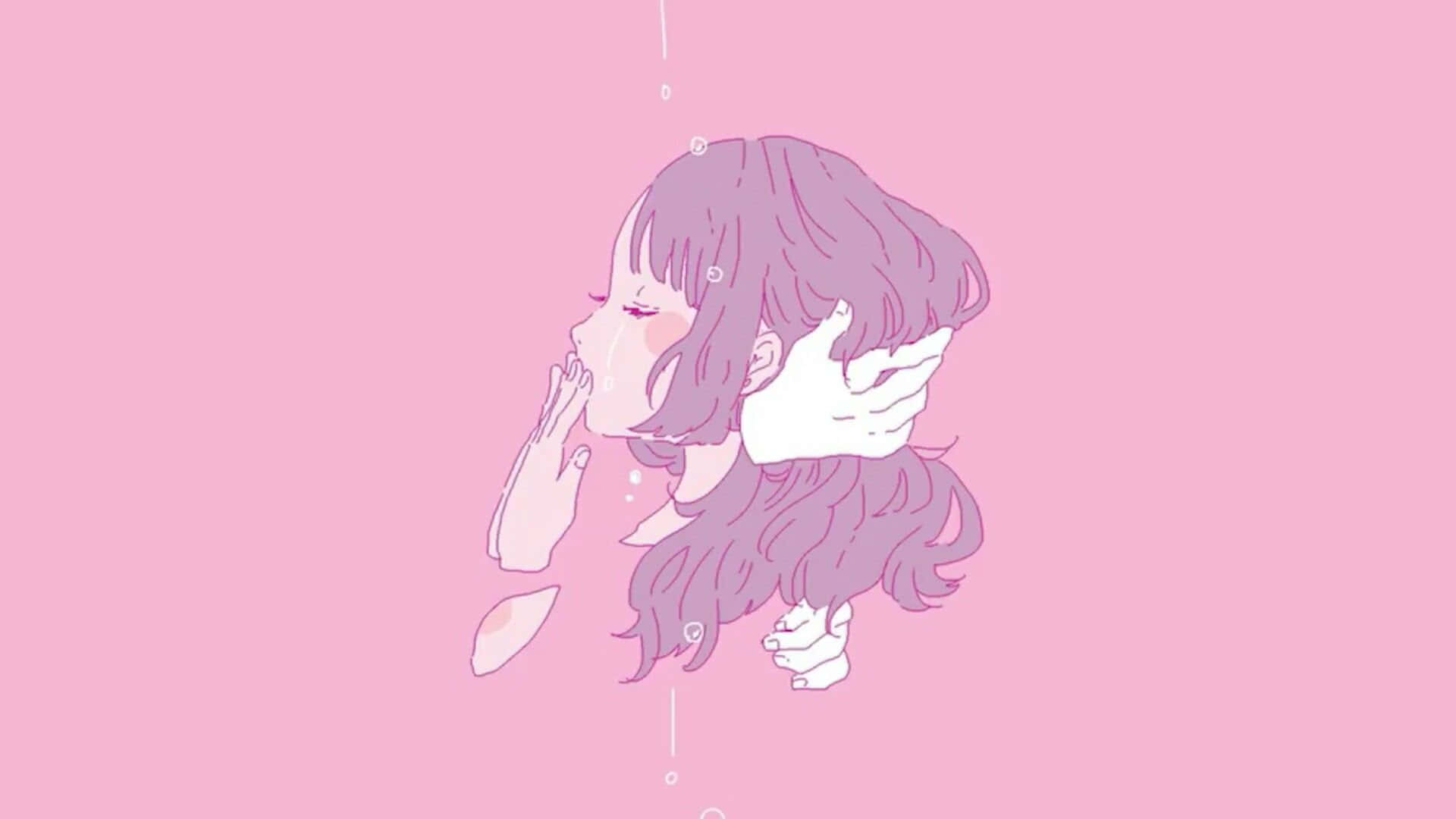 美學粉色GIF 桌布 壁紙 — 一個精緻的動漫女孩，紫色頭髮，在柔和的粉紅色背景上輕輕漂浮，雙手靠近臉部，姿勢寧靜。