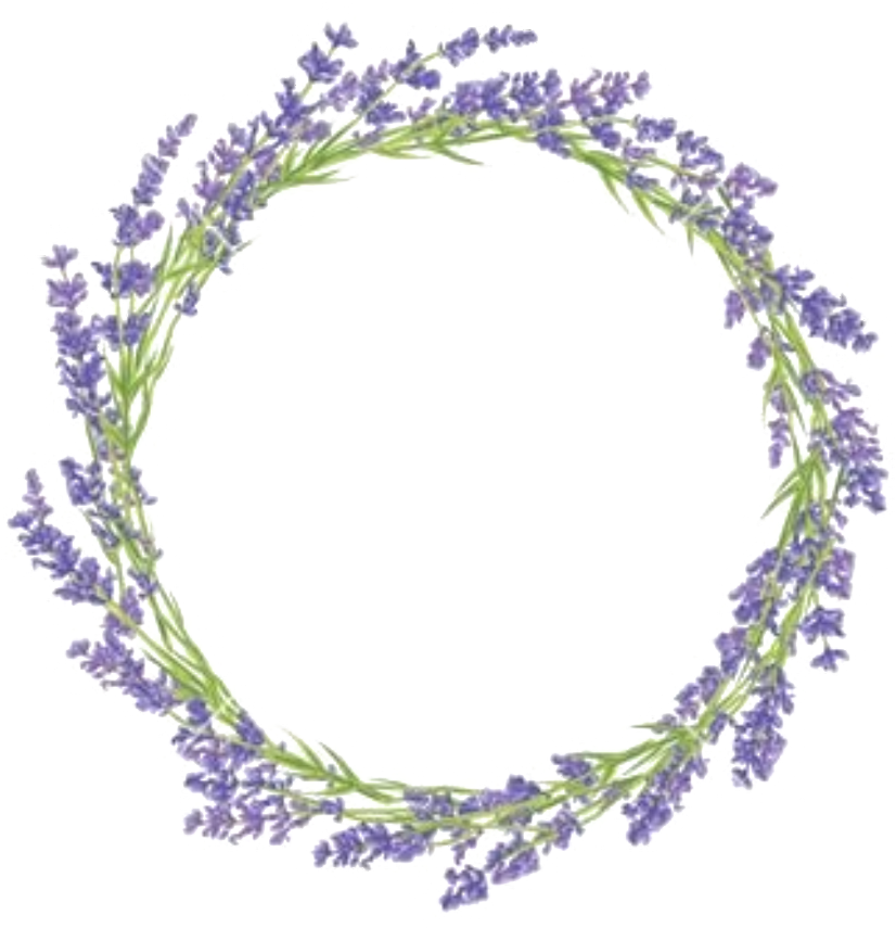 Floral Wreath 桌布 壁紙 — 一個精緻的圓形花環，由薰衣草花朵和綠色莖幹組成，在純黑背景上形成柔和芬芳的邊框。
