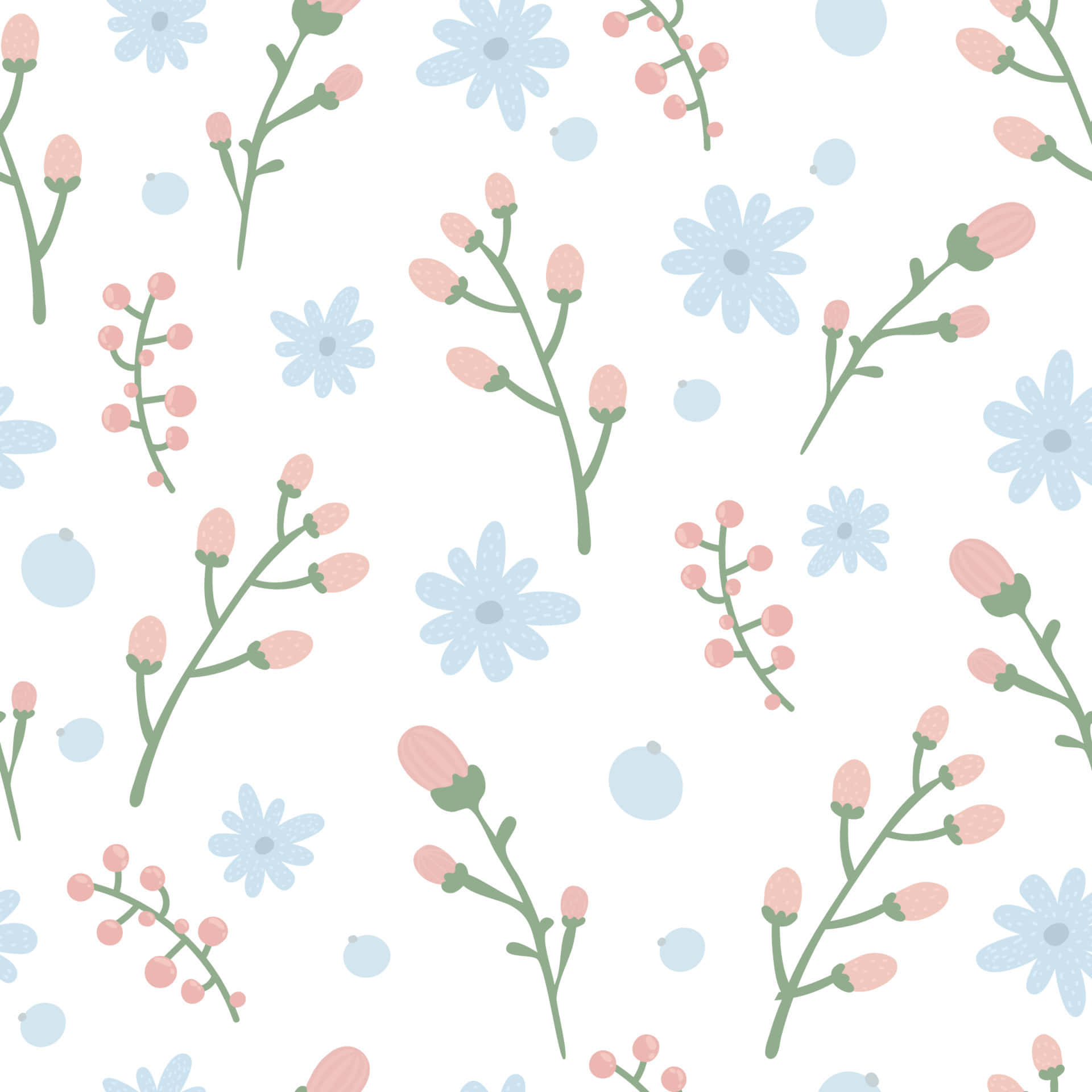 Cute Flower 桌布 壁紙 — 一個精緻的圖案，由淺藍色雛菊、粉紅色花蕾和綠色莖幹散落在柔軟的白色背景上。