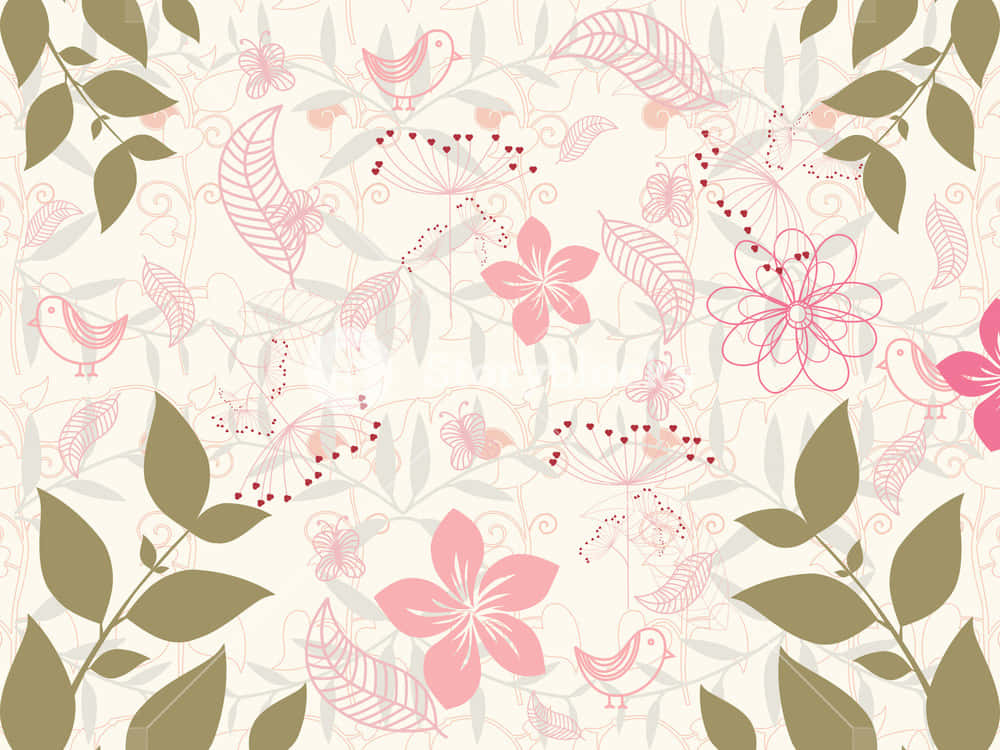 Beautiful Pattern 桌布 壁紙 — 一個精緻的壁紙圖案，以粉紅色花朵、鳥兒和葉子為特色，採用柔和粉彩色調，配以奶油色背景。