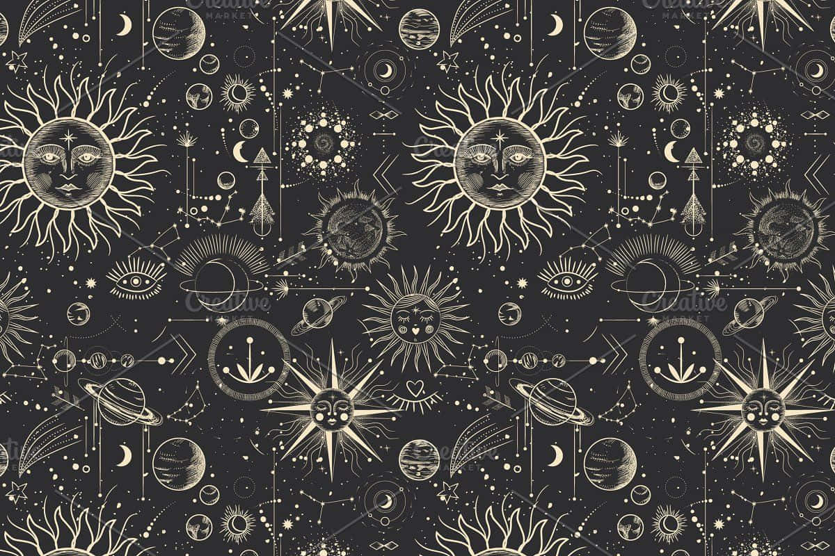 桌布 壁紙 — 一個精緻的天體圖案，包含太陽、月亮、行星和星星，以奶油色呈現於深色背景上。