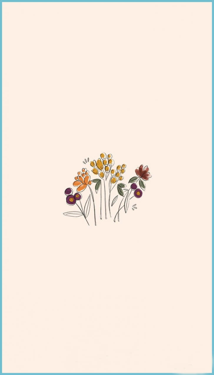 Cute Aesthetic Flower 桌布 壁紙 — 一個精緻的手繪花卉佈置，帶有橙色、紫色和黃色的花朵，細長的莖，襯以柔和的米色背景。