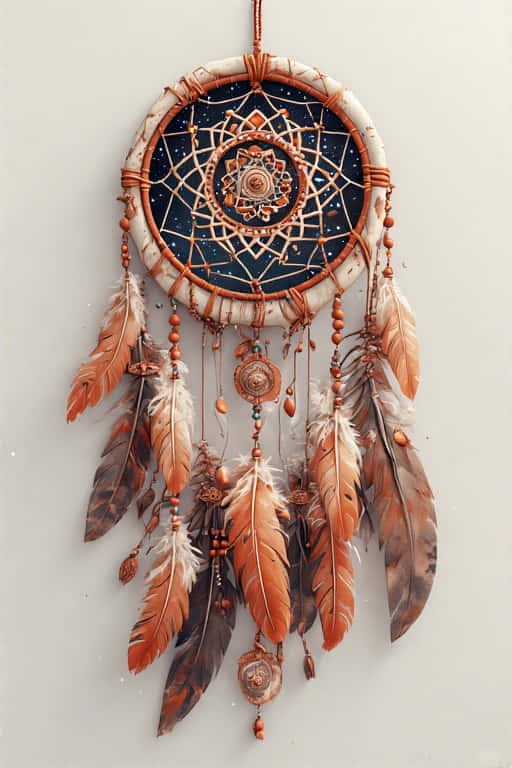 Boho Dreamcatcher Under Starry Sky 4K 壁紙 — 一個精緻的捕夢網，帶有銅色羽毛和珠子，掛在純色米白色牆上。