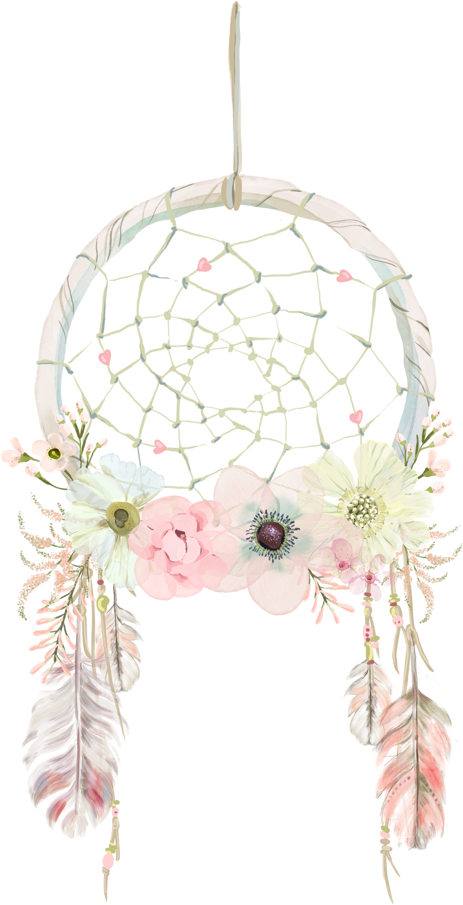dreamcatcher 桌布 壁紙 — 一個精緻的捕夢網，飾有粉彩花朵和柔軟羽毛，懸掛在純黑色背景上。