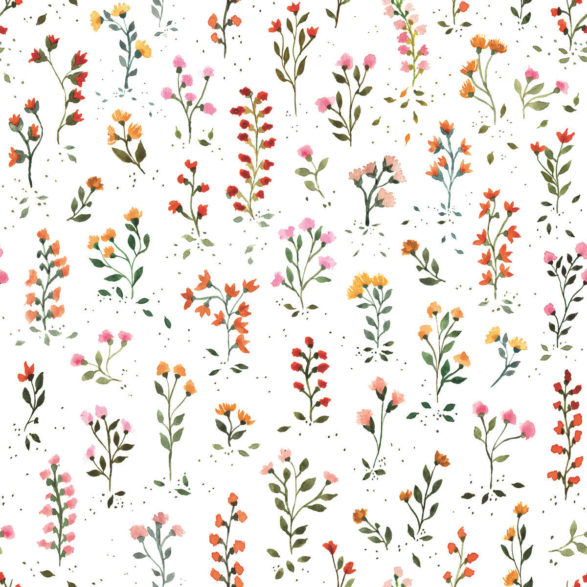 Flowers Aesthetic 桌布 壁紙 — 一個精緻的水彩圖案，散落著粉紅色、橙色和紅色的野花，背景是帶有斑點的白色。