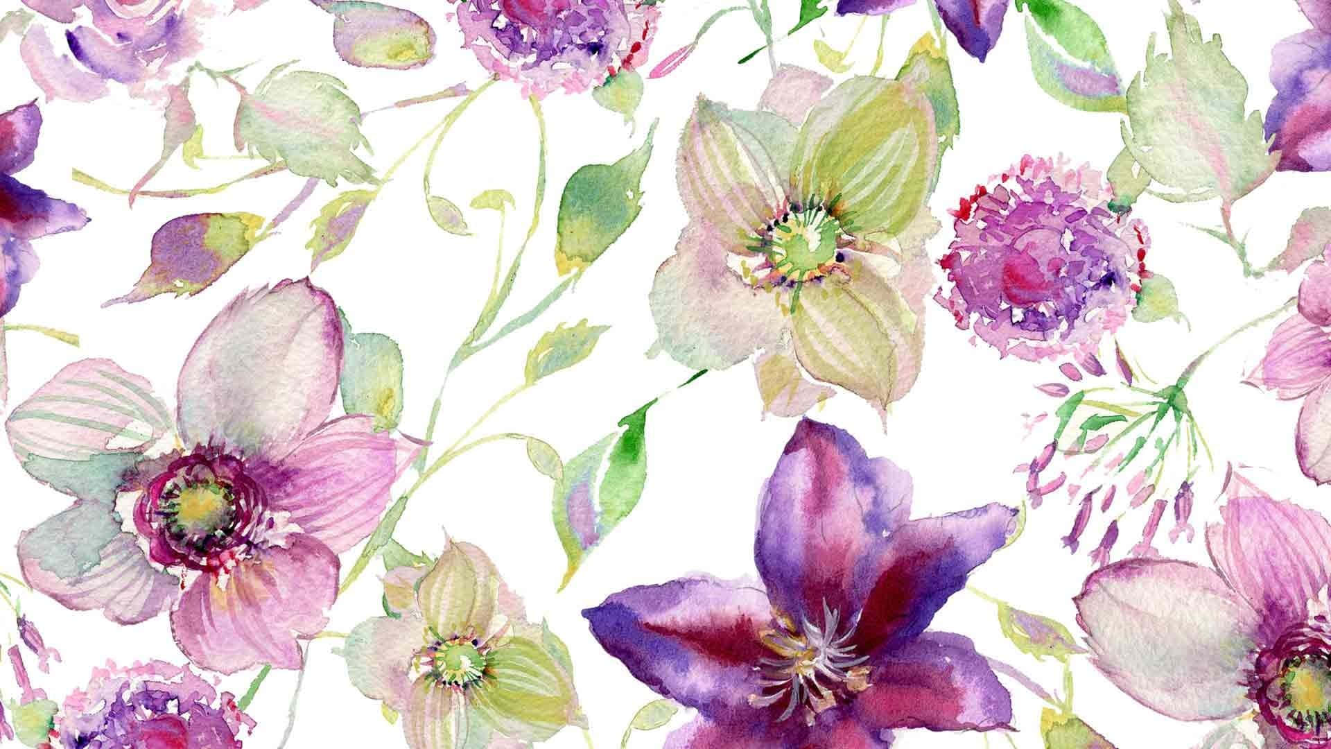 Painting Desktop 桌布 壁紙 — 一個精緻的水彩圖案，由紫色和綠色的花朵組成，花瓣柔和地暈染在白色背景上。