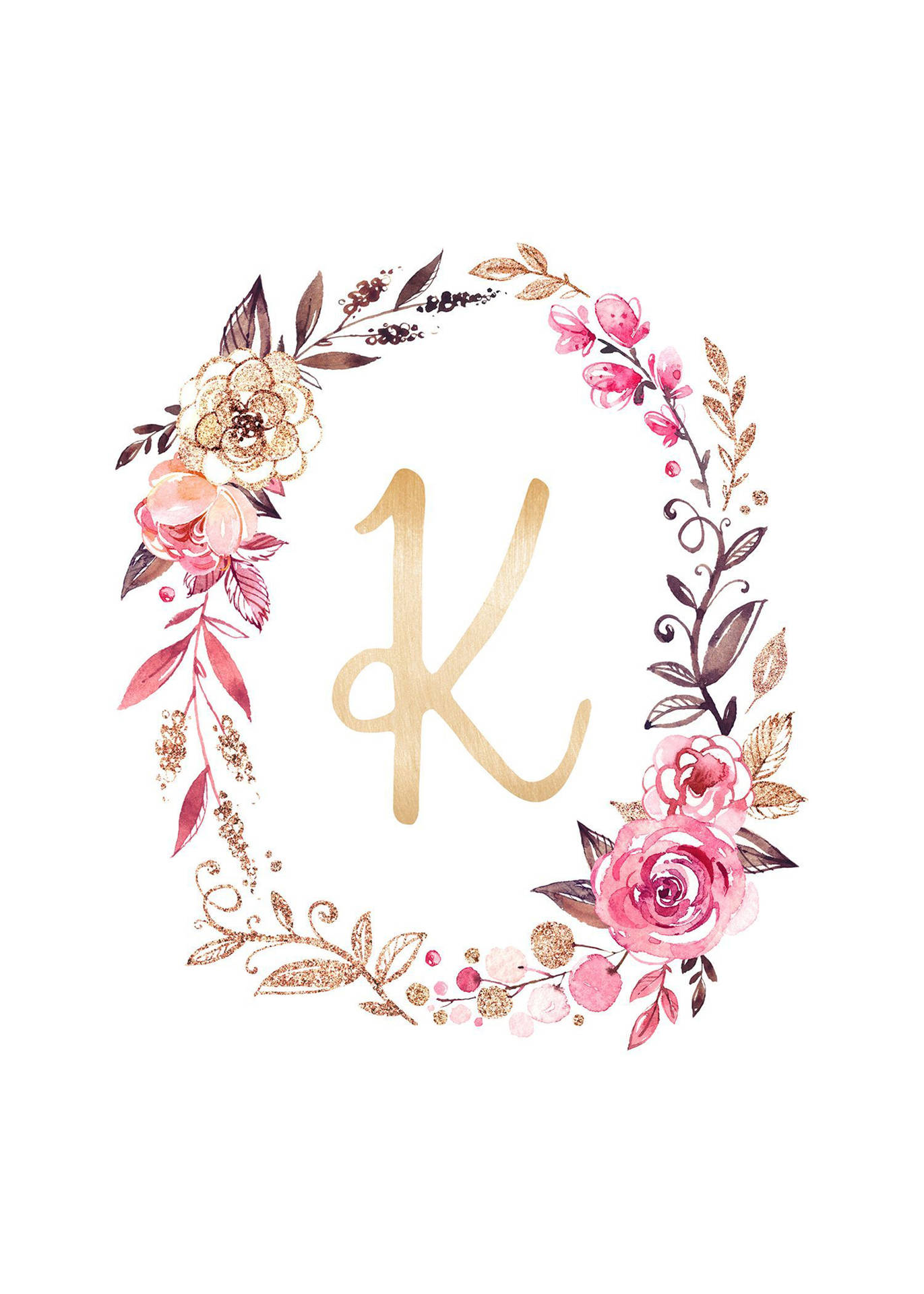 粉紅和金色花朵圍繞金色字母K的花環。 — 字母K動圖 壁紙