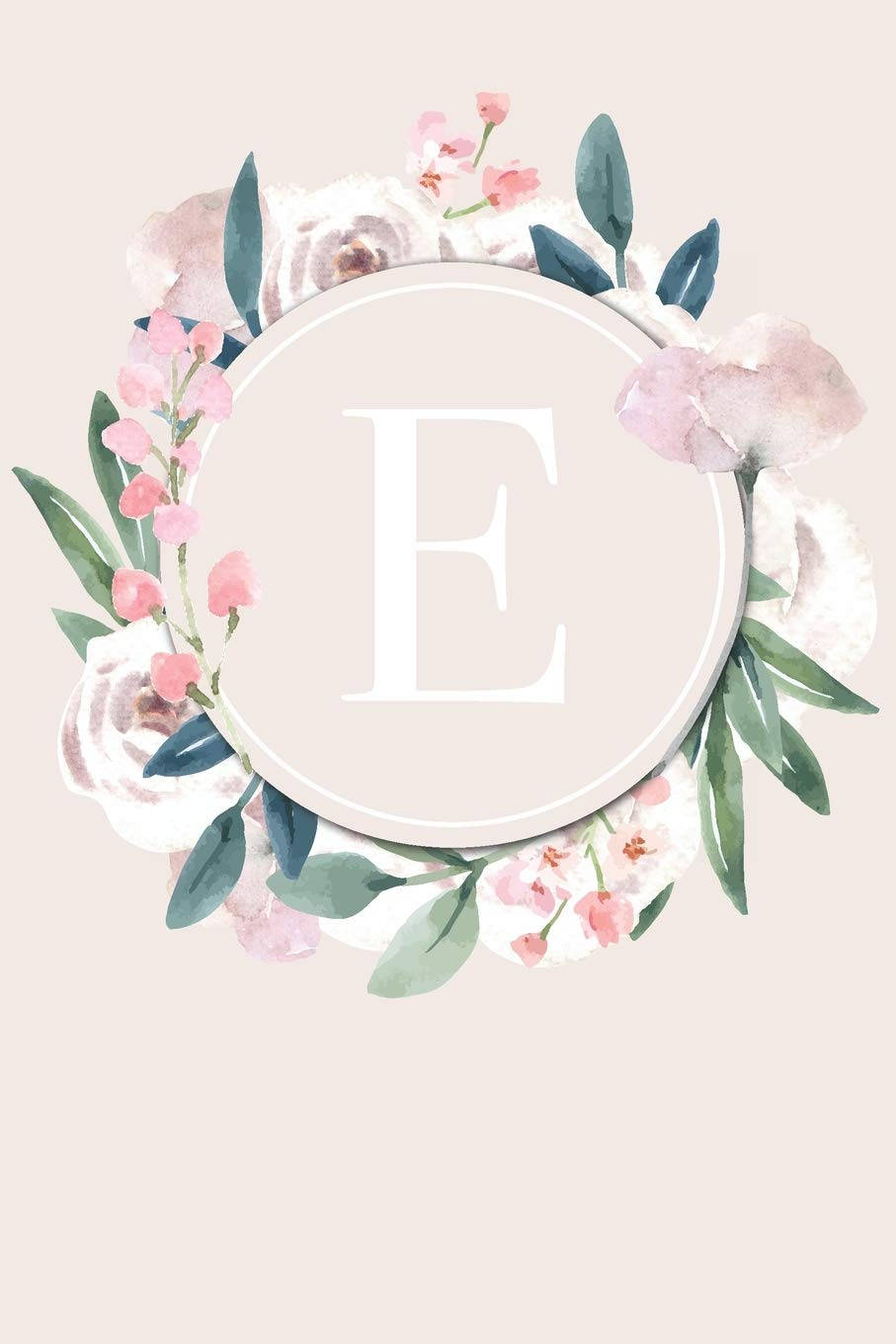 E 桌布 壁紙 — 一個精緻的水彩花卉花環，以柔和的粉紅色和綠色圍繞著中央圓圈中的字母E。