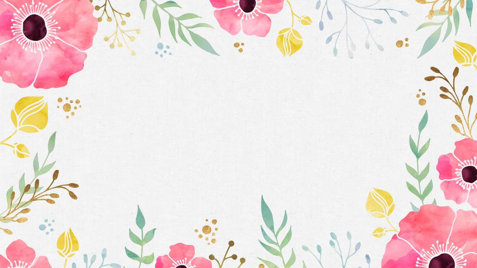 Watercolor Floral 桌布 壁紙 — 一個精緻的水彩花卉邊框，以粉紅色罌粟花、黃色花蕾和綠色葉子圍繞著空白白色空間。