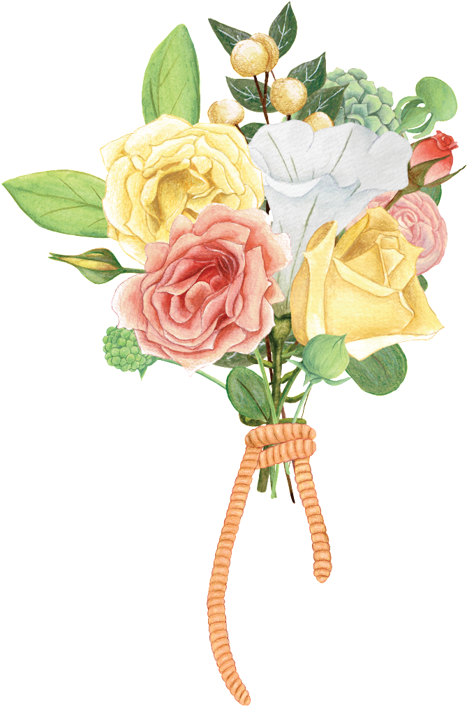 Bouquet Of Flowers 桌布 壁紙 — 一個精緻的水彩花束，包含黃色、粉紅色和白色的玫瑰，搭配綠色葉子和編織手柄，背景為黑色。