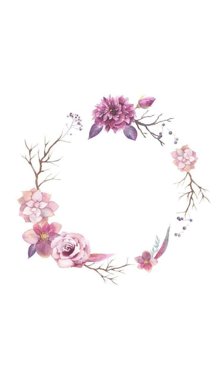 Floral Wreath 桌布 壁紙 — 一個精緻的水彩花環，由粉紅花朵和光禿樹枝組成，排列在圓形框架內，背景是純淨的白色。