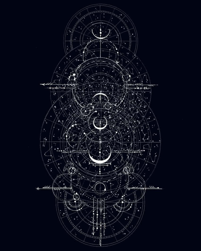sacred 桌布 壁紙 — 一個精緻的白色天體圖，包含重疊的圓圈、星座和彎月，背景為深黑色。