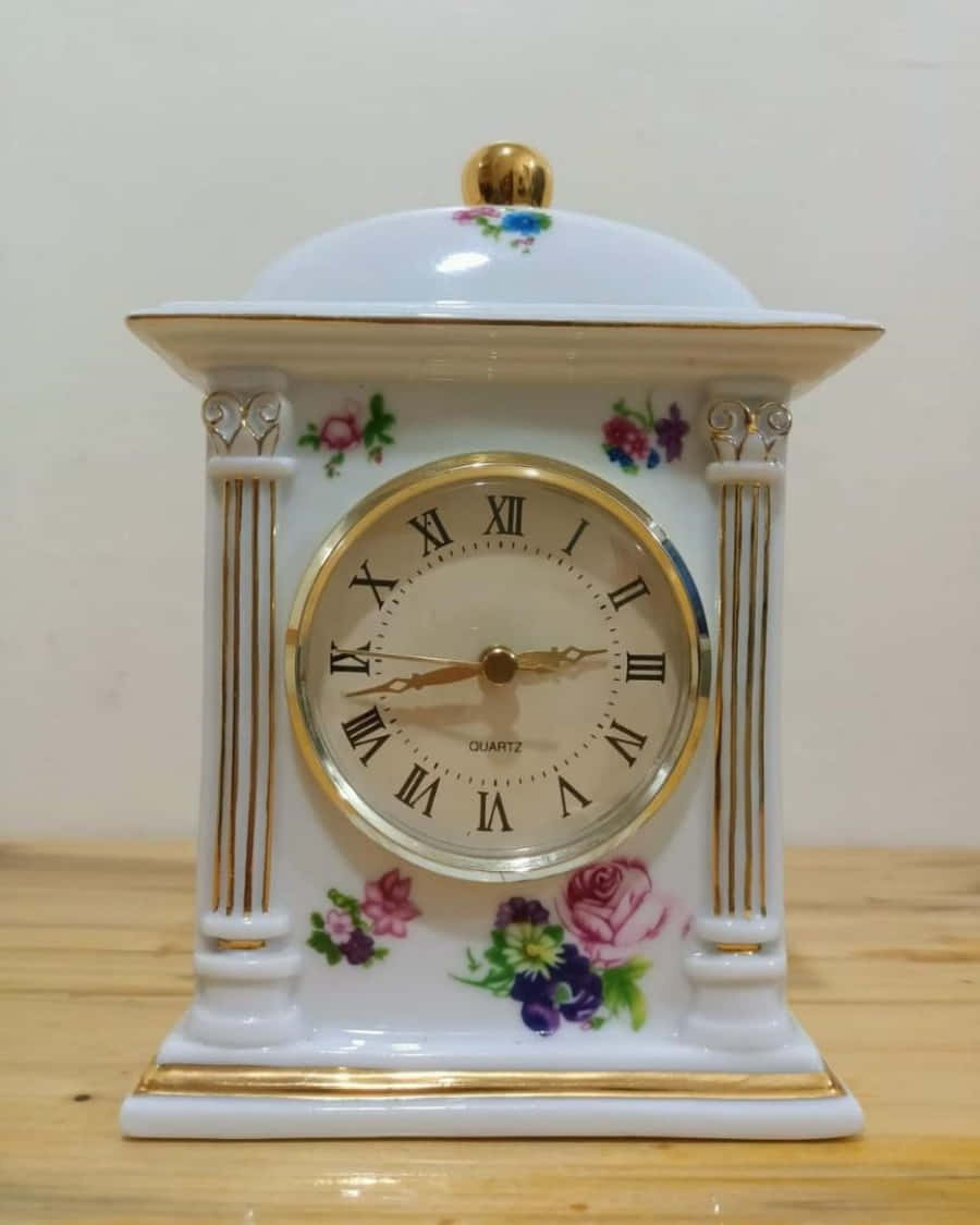 Clock 桌布 壁紙 — 一個精緻的白色瓷鐘，帶有金色邊框和花卉圖案，放置在木質表面上。
