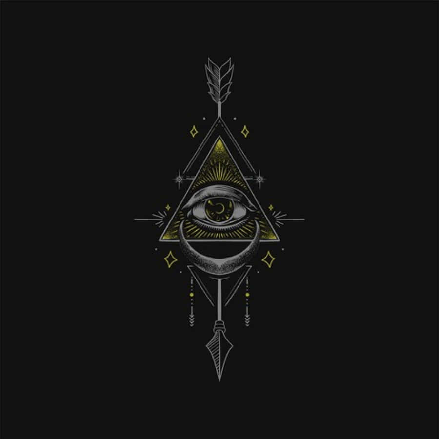 illuminati 桌布 壁紙 — 一個精緻的眼睛在三角形和彎月內，飾有箭頭和金色星星，背景為黑色。