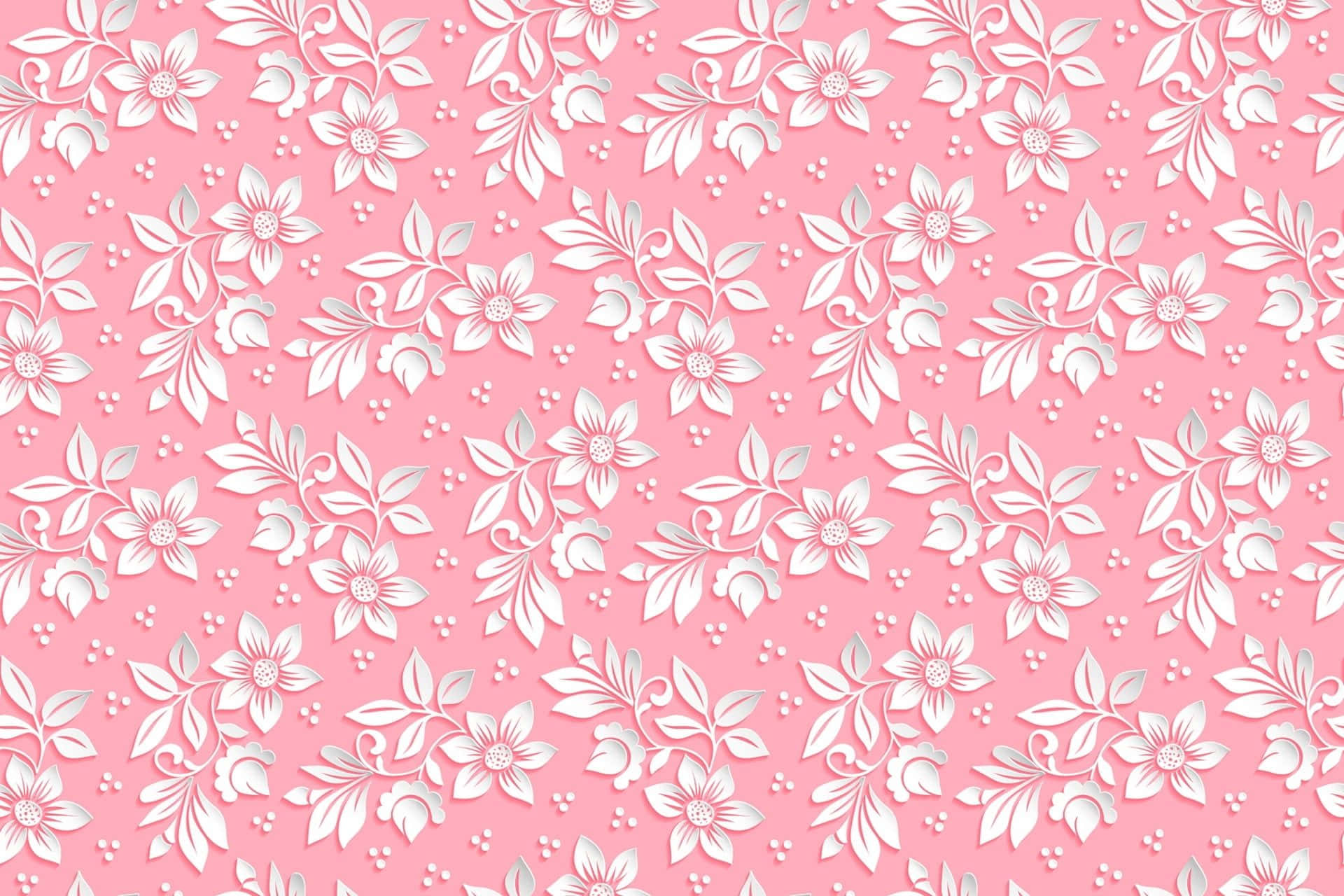 Pink Pattern 桌布 壁紙 — 一個精緻的粉紅色背景，飾有重複的白色花卉圖案和細小圓點，營造出柔和優雅的壁紙設計。