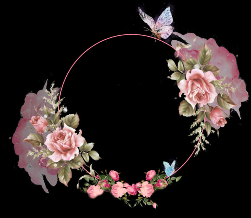 Flower Wreath 桌布 壁紙 — 一個精緻的粉紅色花卉花環，點綴著玫瑰和蝴蝶，在純黑背景上優雅地彎曲。