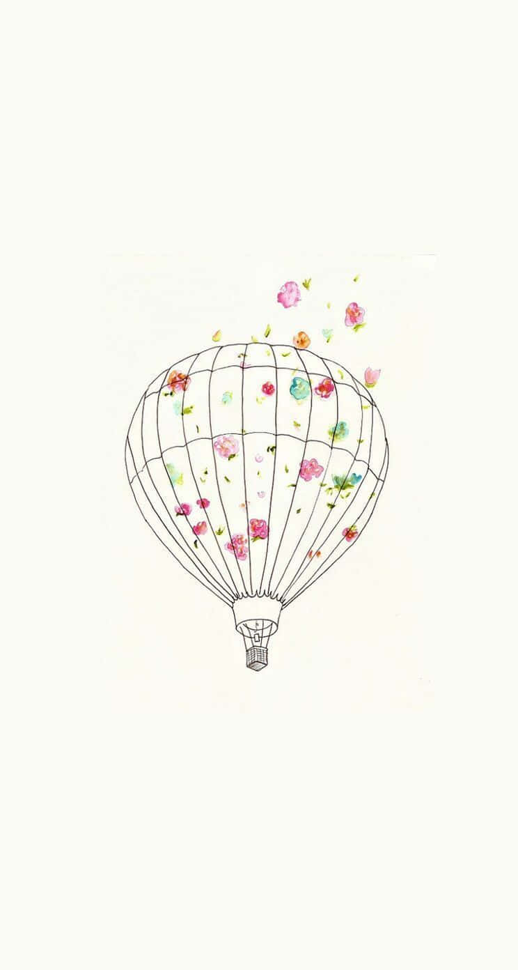 iPhone Simple Cute 桌布 壁紙 — 一個精緻的線框熱氣球，點綴著散落的水彩花朵，在柔和的奶油色背景上輕輕漂浮。