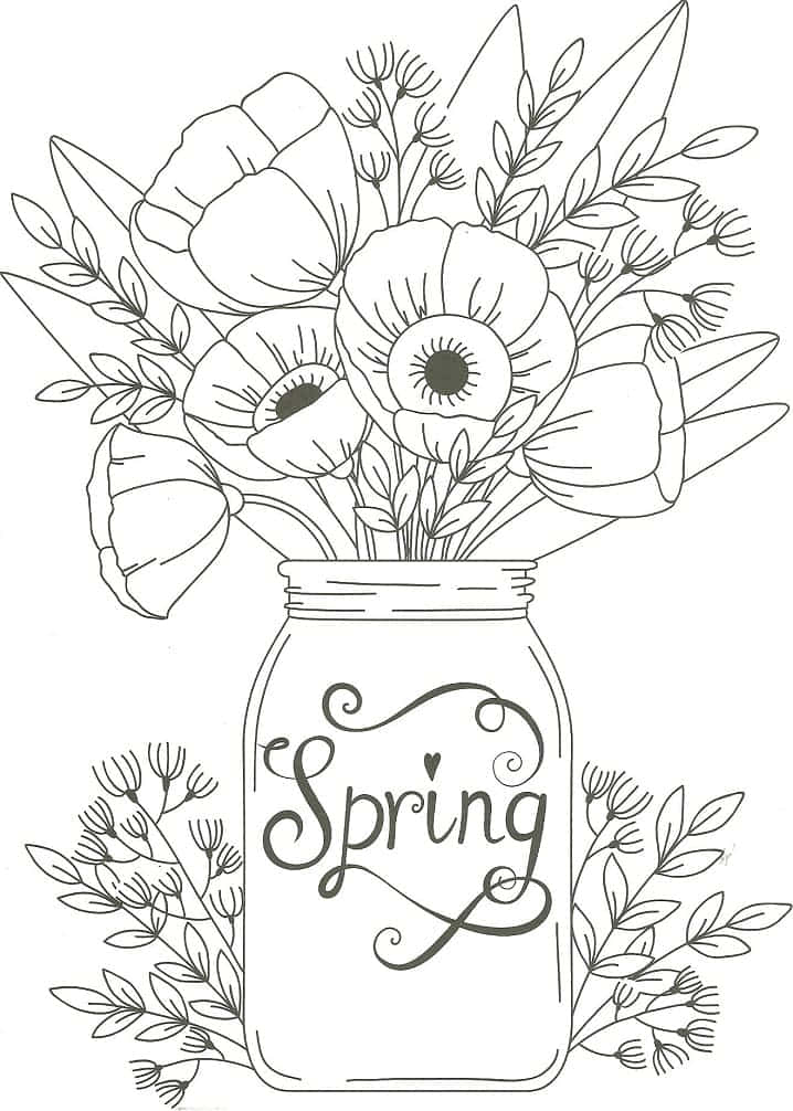 Spring Coloring 桌布 壁紙 — 一個精緻的線條畫，描繪了一個裝滿罌粟花和葉子的梅森罐，標籤為春天，周圍環繞著小枝。