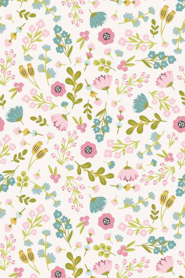 640x960 桌布 壁紙 — 一個精緻的花卉圖案，粉紅色、藍色和綠色的花朵和葉子散落在奶油色背景上。