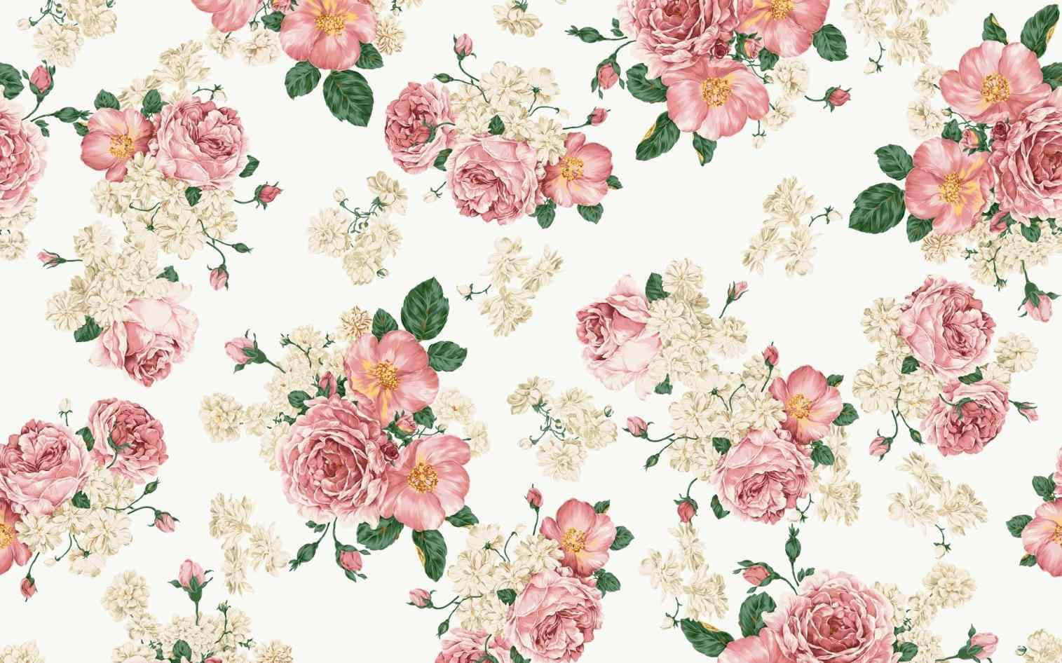 tumblr 花朵 桌布 壁紙 — 一個精緻的花卉壁紙圖案，以柔和的粉紅玫瑰和奶油白色花朵搭配綠色葉子，點綴在淡奶油色背景上。